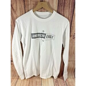 American Eagle Mens White TShirt XS Long Sleeve Crew Neck Cotton AE Graphic